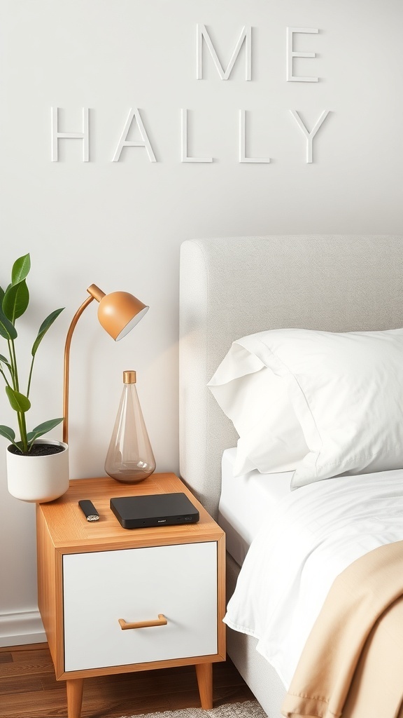 A modern nightstand with a lamp, plant, remote control, and a compact device.