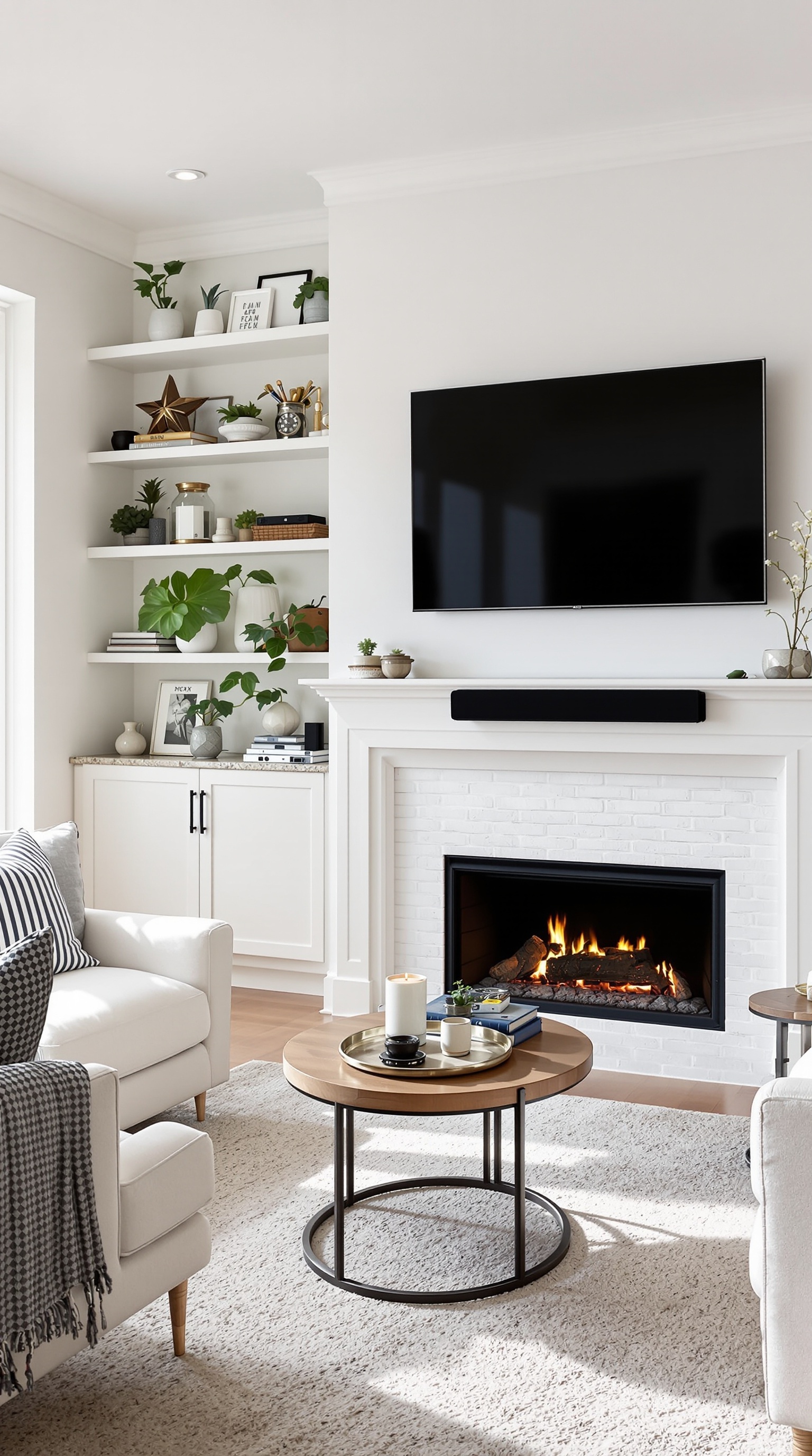 A modern family room featuring a mounted TV above a fireplace, open shelves with plants, and a cozy seating area.