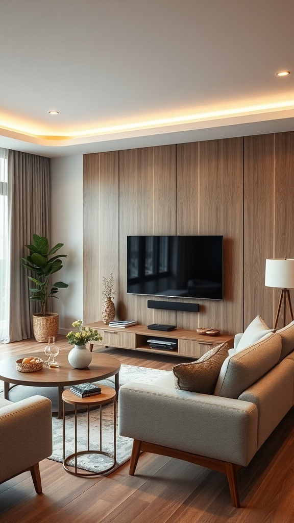 Cozy mid-century modern living room with a wall-mounted TV, stylish furniture, and plants.