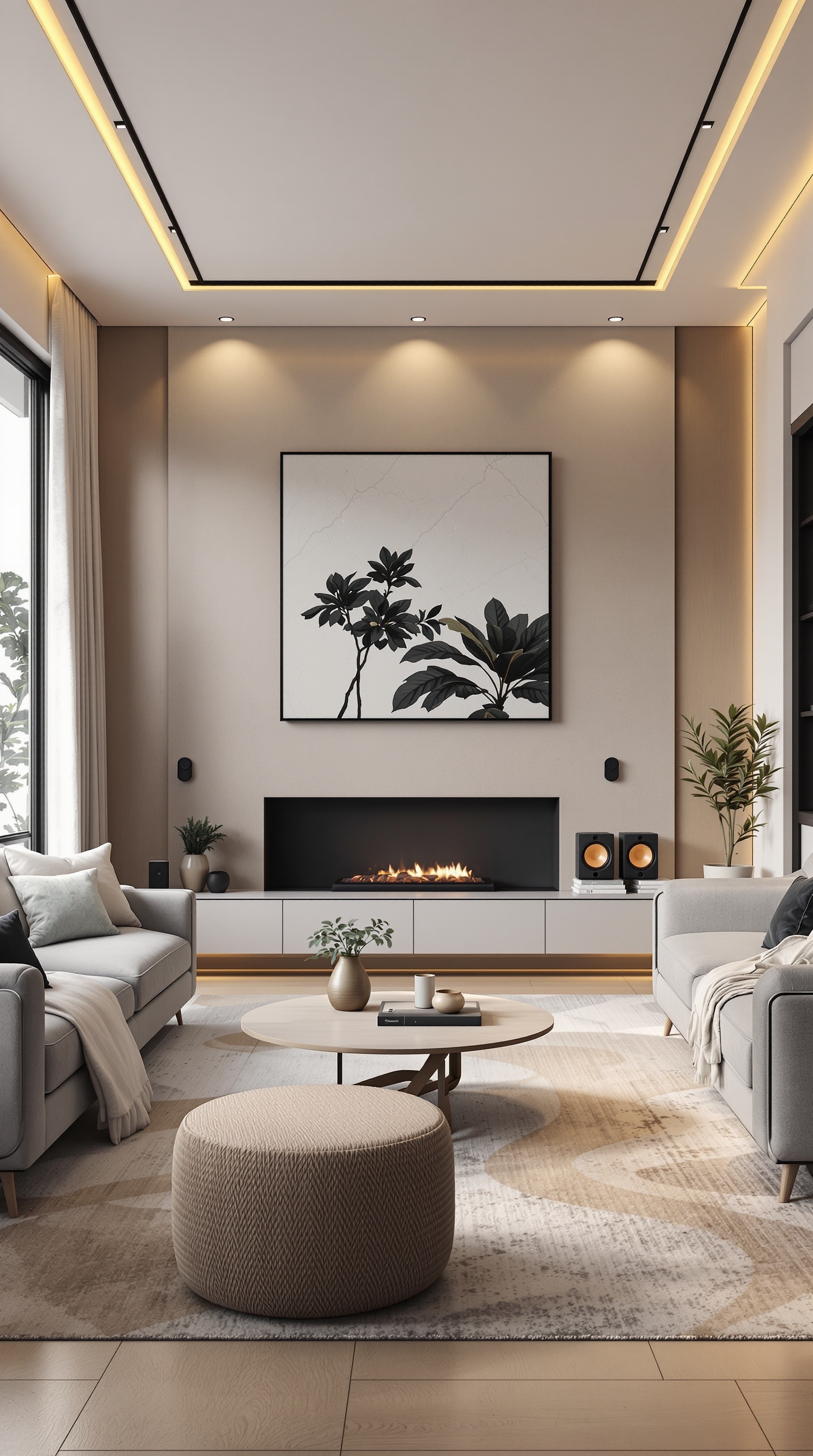 A modern family room featuring a sleek design with a wall-mounted TV, sound system, and a cozy fireplace.
