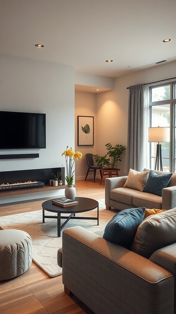Cozy apartment living room featuring a modern design with a flat-screen TV, fireplace, and stylish furniture.
