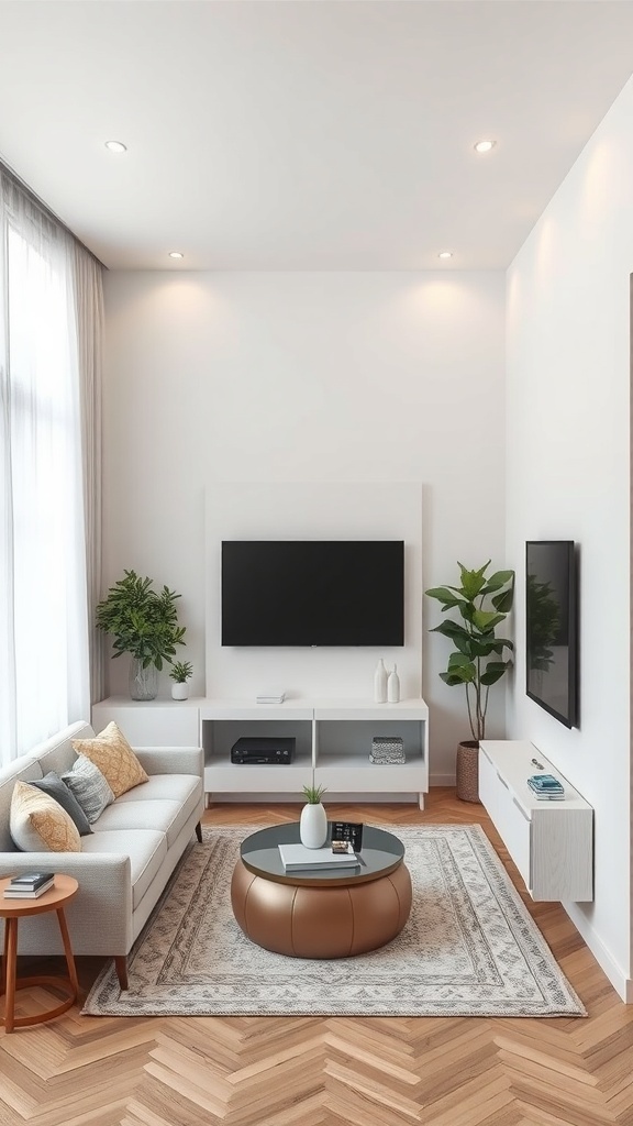 A narrow living room featuring a modern design with a sofa, coffee table, and wall-mounted TVs.