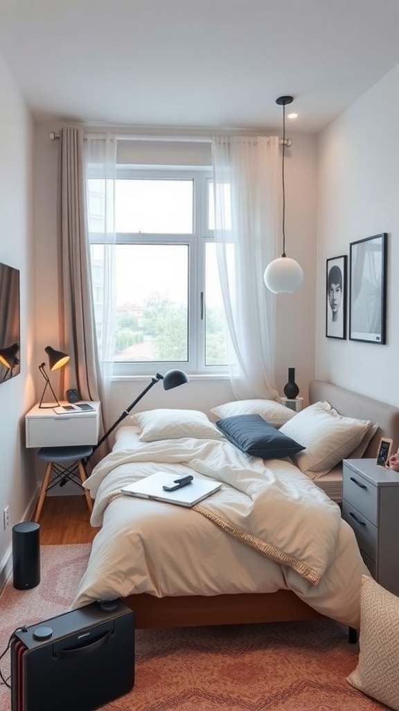 A small teen bedroom featuring a bed, desk, and various technology items.