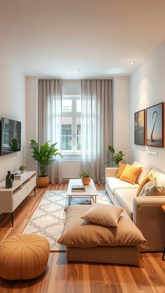 A cozy living room in a tiny studio apartment featuring modern decor, plants, and smart technology.