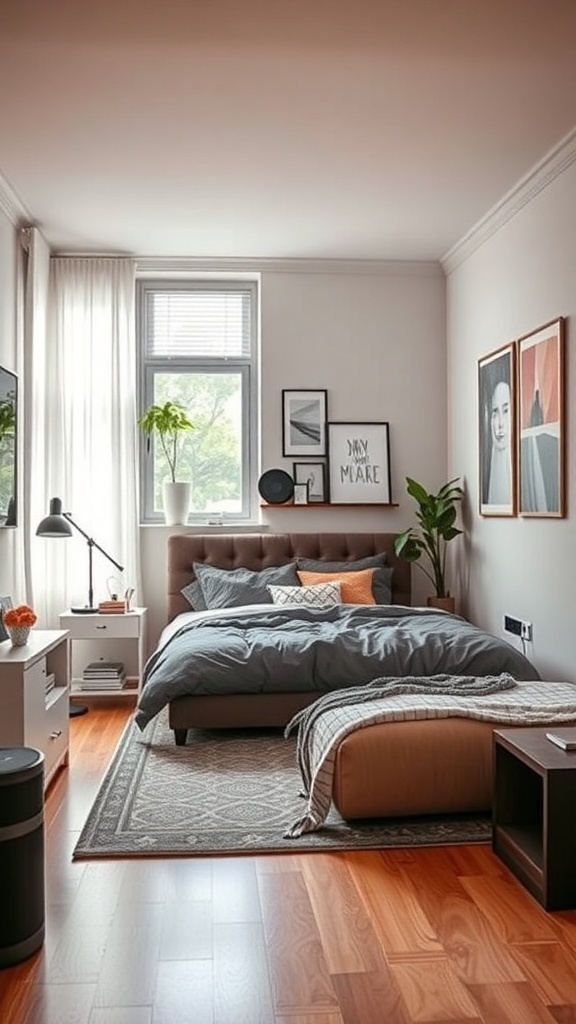 A modern teen bedroom featuring a cozy bed, stylish decor, and technology elements like a TV and desk lamp.