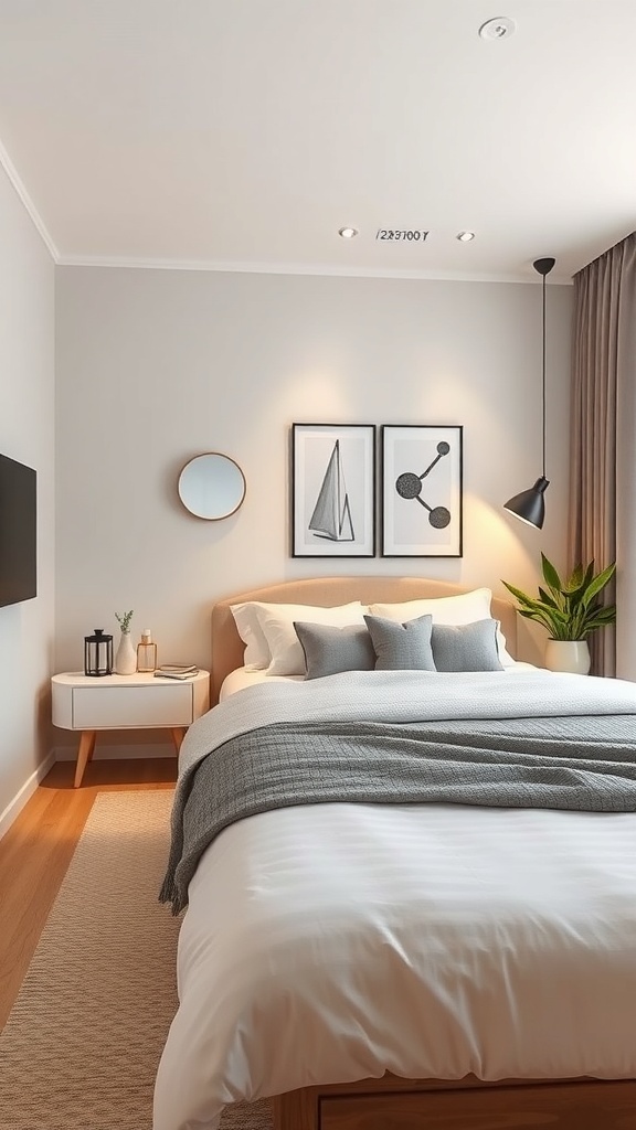 A small guest bedroom featuring a cozy bed, modern decor, and a touch of technology.
