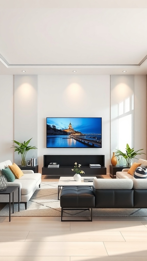 Modern living room with a TV feature wall, comfortable sofas, and plants.