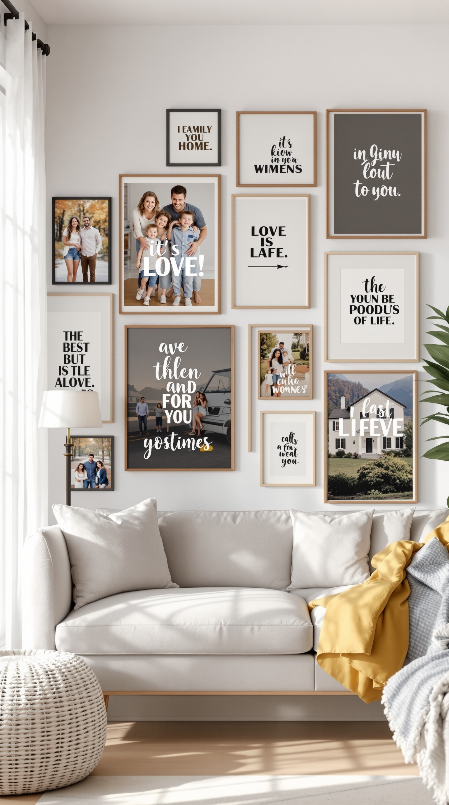 A family photo wall featuring framed pictures and inspirational quotes.