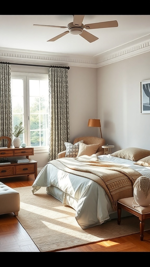A cozy king bedroom featuring layered bedding, patterned curtains, and a natural fiber rug.