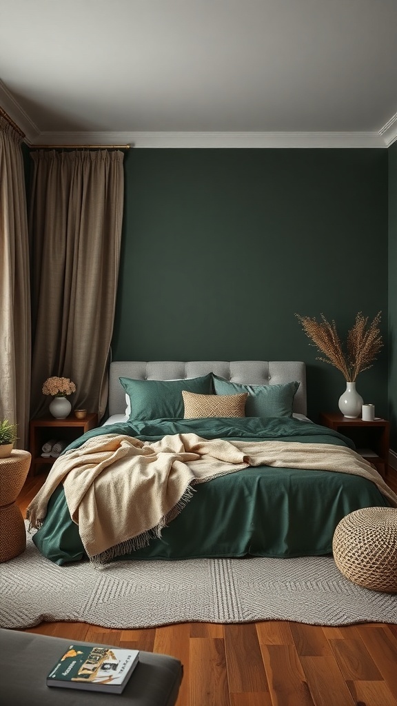 A cozy dark green bedroom featuring layered textiles, including a green duvet, light curtains, and a textured rug.