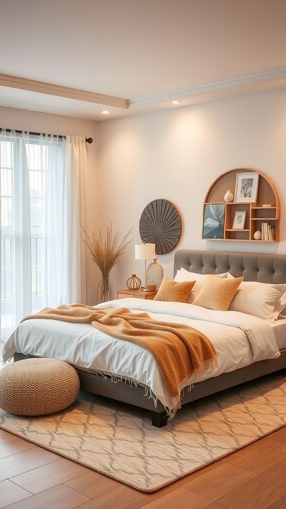 A modern bedroom featuring a cozy bed with neutral bedding, warm throw blankets, decorative pillows, and a knitted pouf, all complemented by natural light and soft curtains.