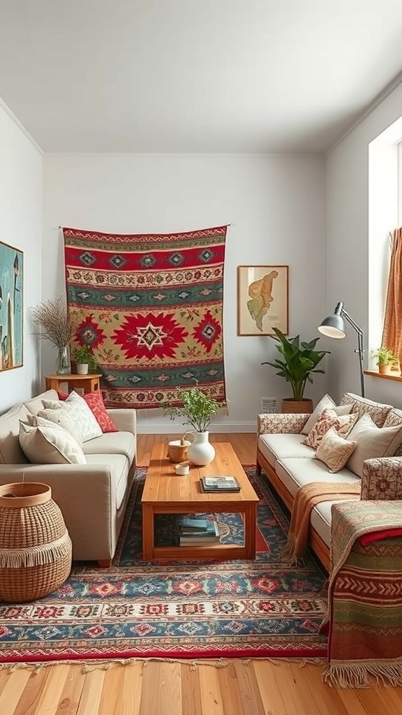 Cozy living room featuring colorful textiles, a wooden coffee table, and plants.