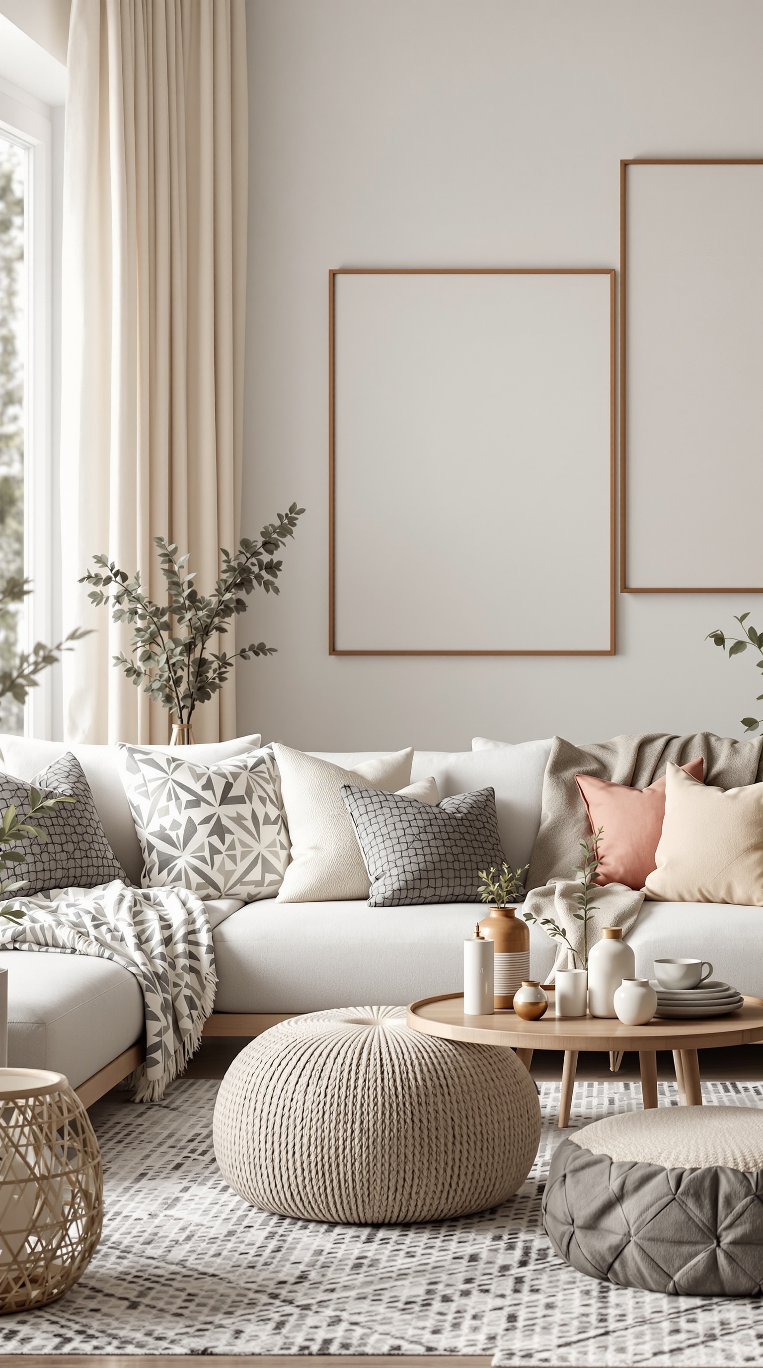 Cozy family room with a sofa, pillows, poufs, and plants, showcasing various textures.