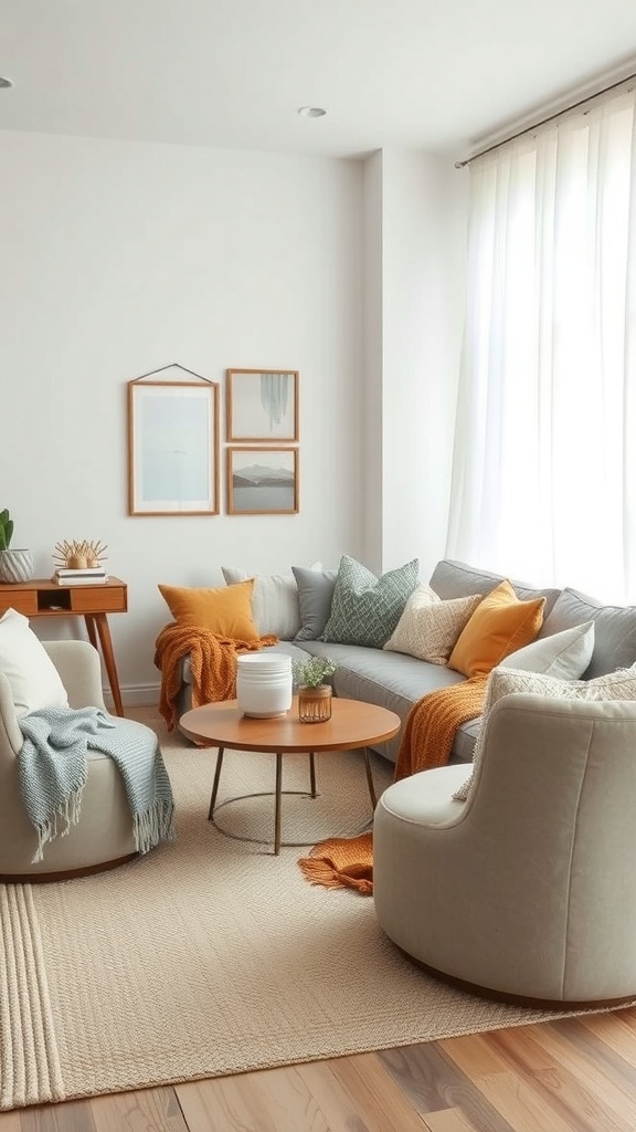 A cozy small living room with a sofa, decorative pillows, a coffee table, and a woven rug.