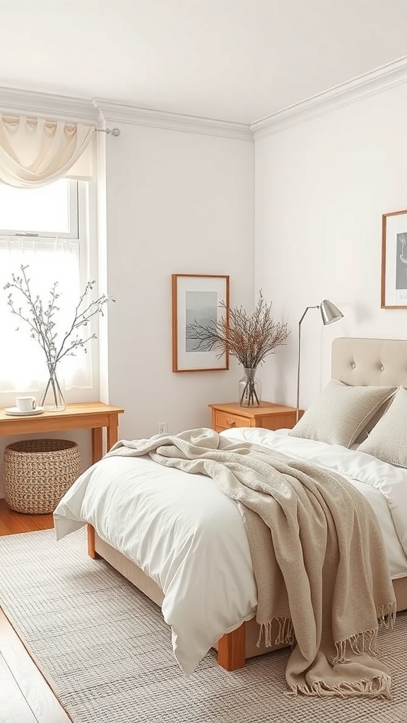 A neutral bedroom featuring a cozy bed with soft linens, a chunky knit throw, wooden furniture, and natural decor elements.