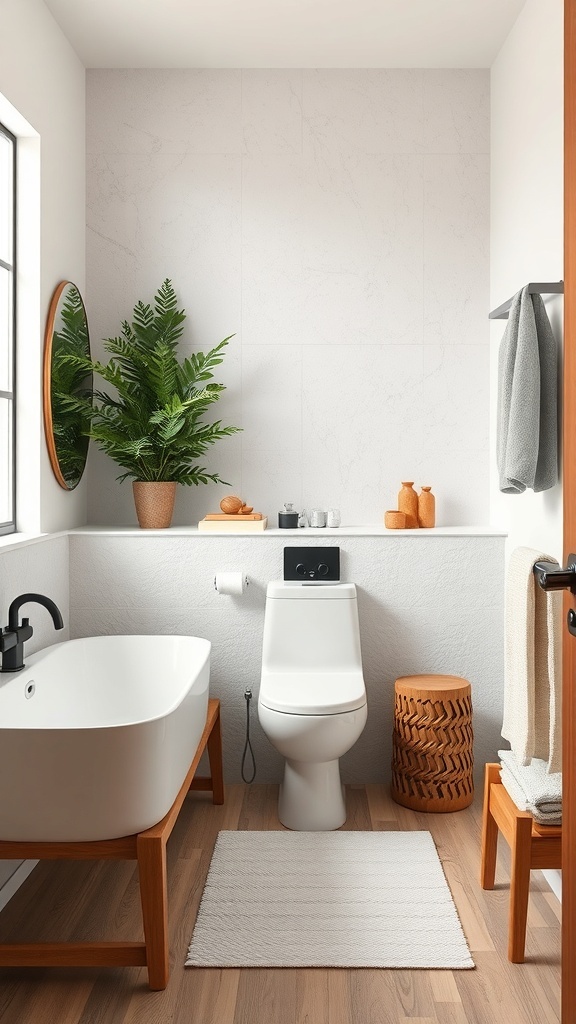 A minimalist small bathroom featuring a white bathtub, toilet, wooden accents, and a green plant.