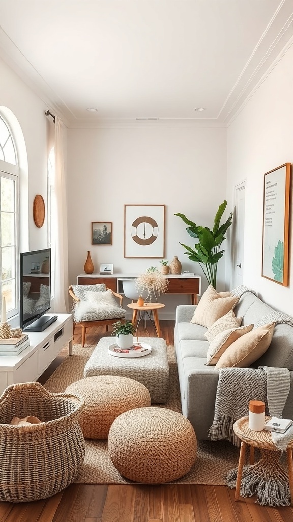 A cozy narrow living room with a gray sofa, textured poufs, a plant, and warm wooden accents.