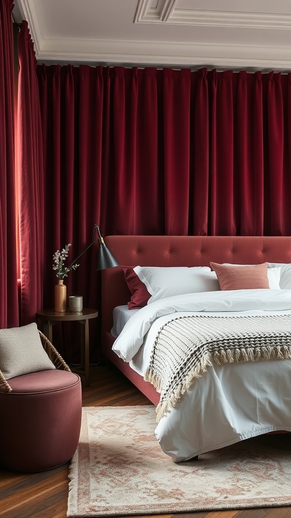 A cozy maroon bedroom featuring rich curtains, a plush bed, and textured decor.
