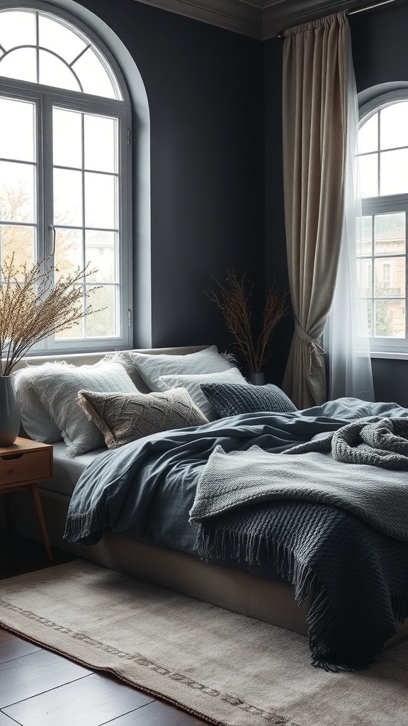 A dark grey bedroom featuring layered bedding, textured pillows, and natural decor elements.