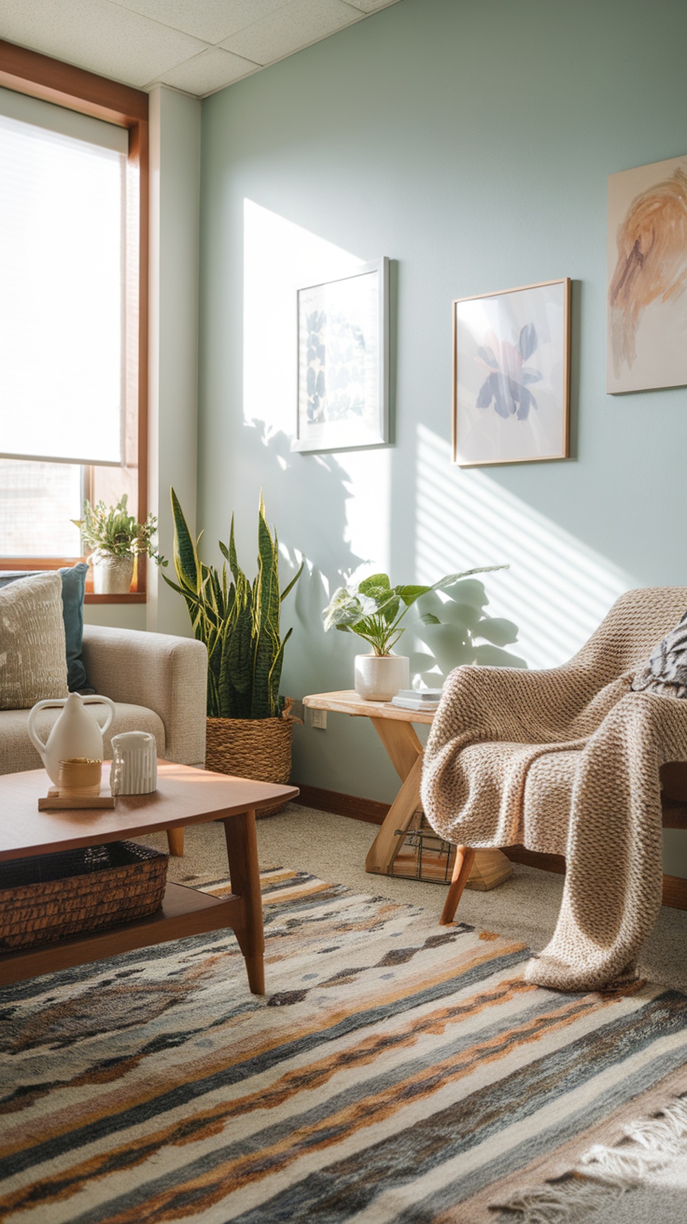 A cozy therapist office with a knitted blanket on a chair, a patterned rug, plants in woven baskets, and framed art on the walls.