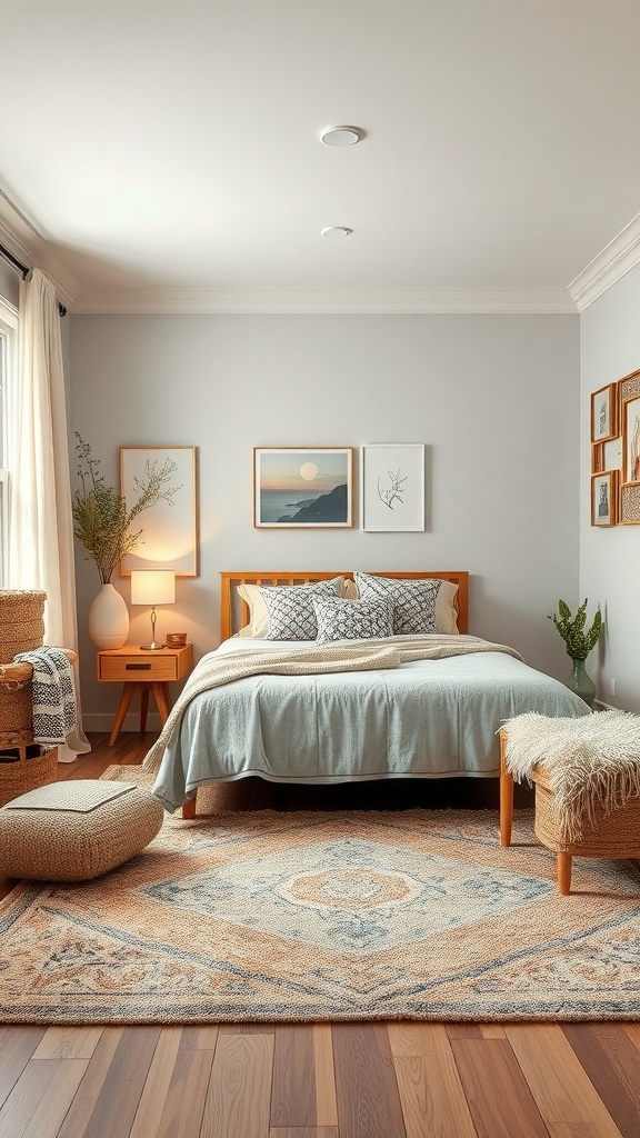 A cozy teen bedroom featuring a wooden bed, soft blue bedding, decorative pillows, a woven rug, and plants.