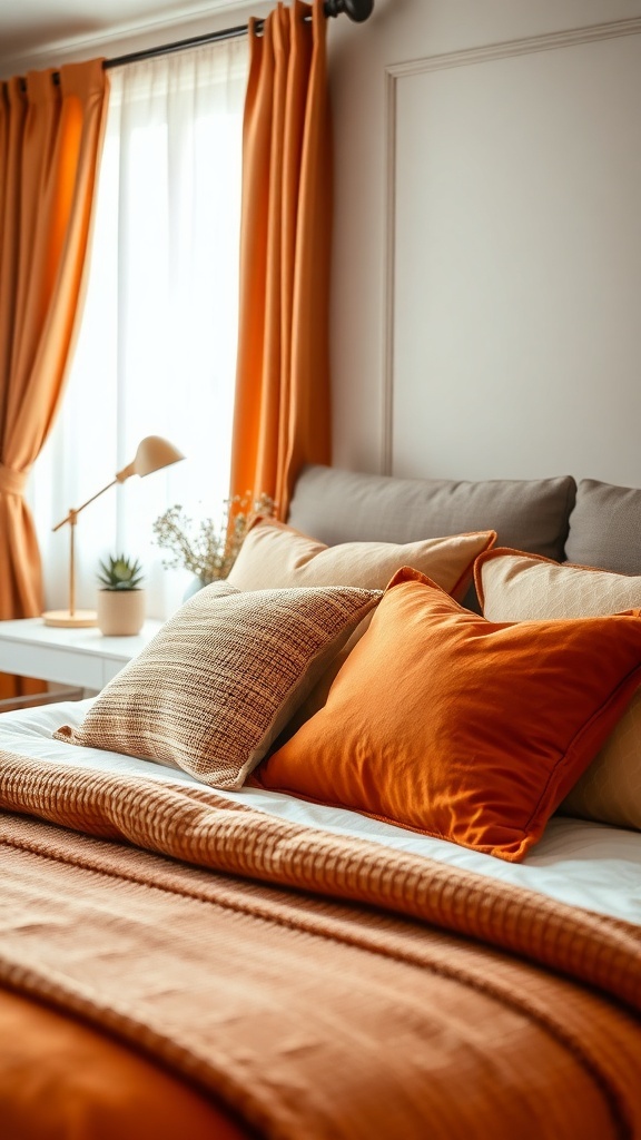 A cozy bedroom featuring burnt orange curtains and pillows, with a soft blanket and a small plant on the bedside table.