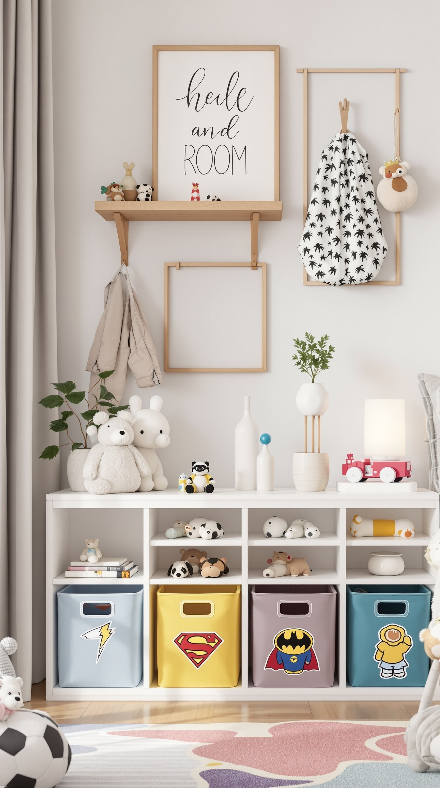 A colorful toy room with themed storage bins featuring superhero designs, plush toys, and decorative items.