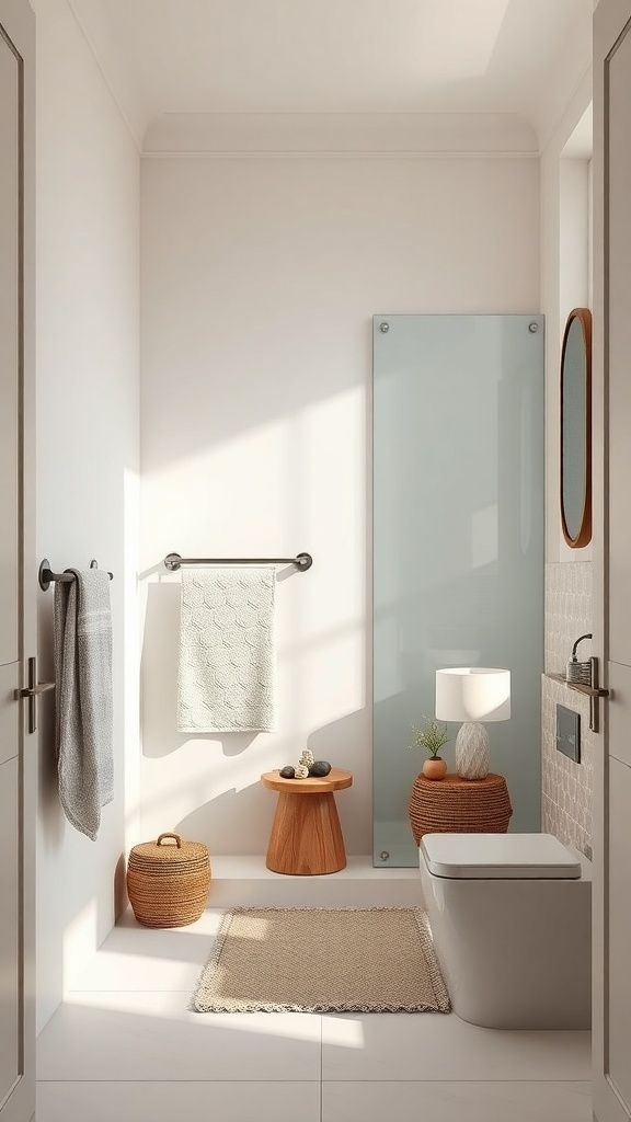 A modern bathroom featuring a towel rack, decorative stool, and natural light.