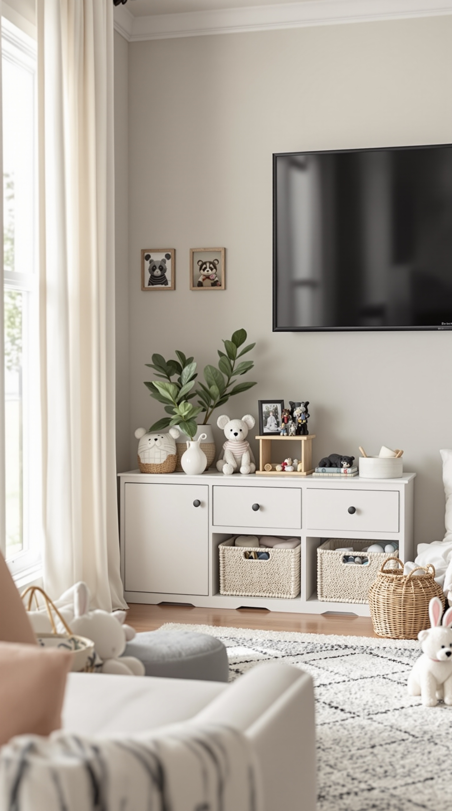 A stylish living room with a white storage unit, woven baskets, plants, and framed pictures, showcasing organized toy storage.