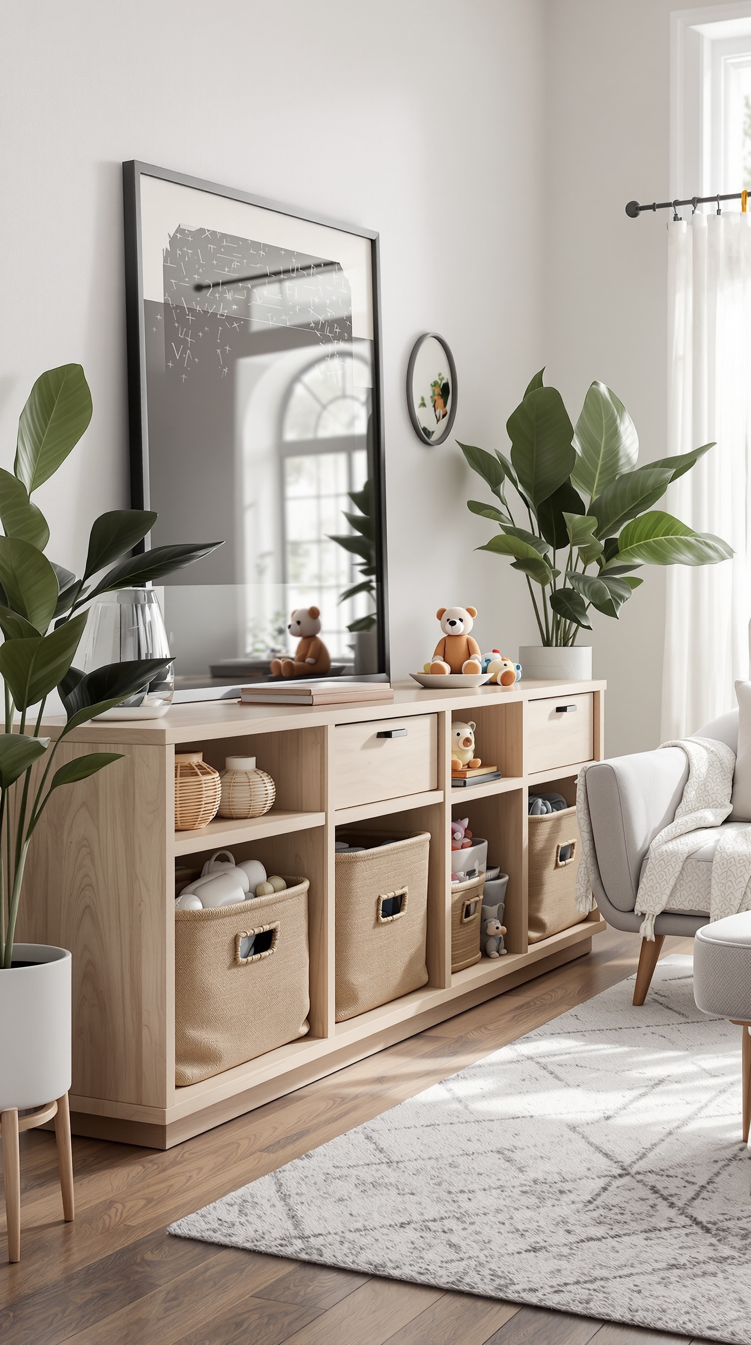 A living room with a stylish storage unit for toys, featuring baskets and decorative elements.