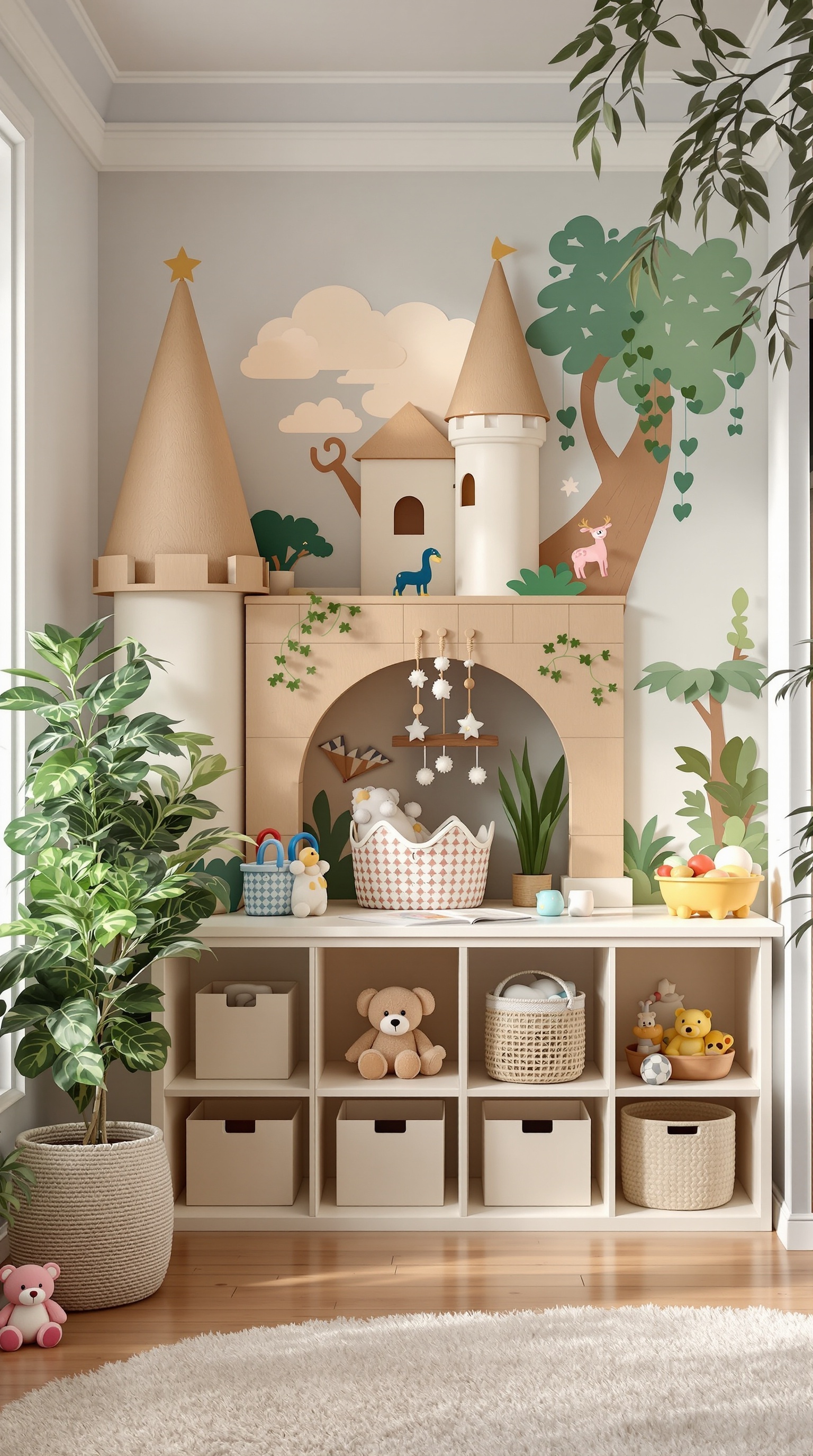 A playful toy storage area featuring a castle-themed wall design, colorful storage baskets, and a cozy atmosphere.