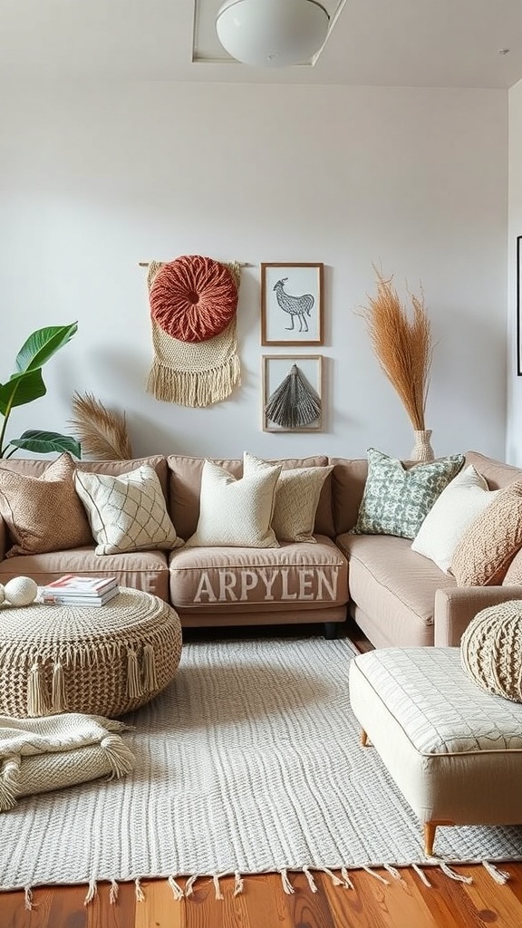 Cozy contemporary living room with a sectional sofa, various cushions, a woven pouf, and wall hangings.