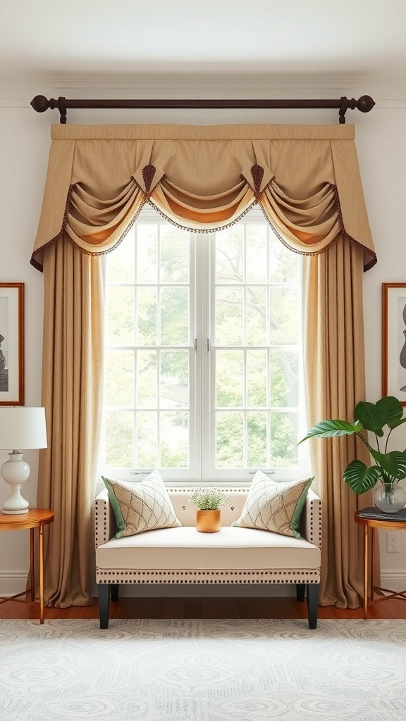 A cozy living room with a double curtain rod setup featuring a valance and drapes, enhancing the window's appearance.