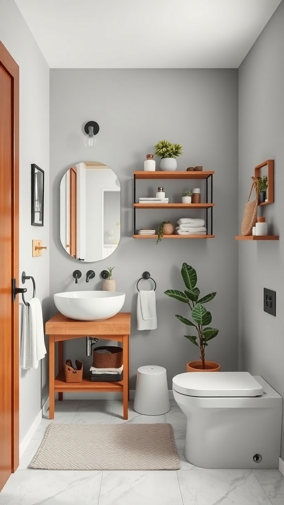 Small bathroom featuring vertical storage solutions with wooden shelves, a round mirror, and a plant.