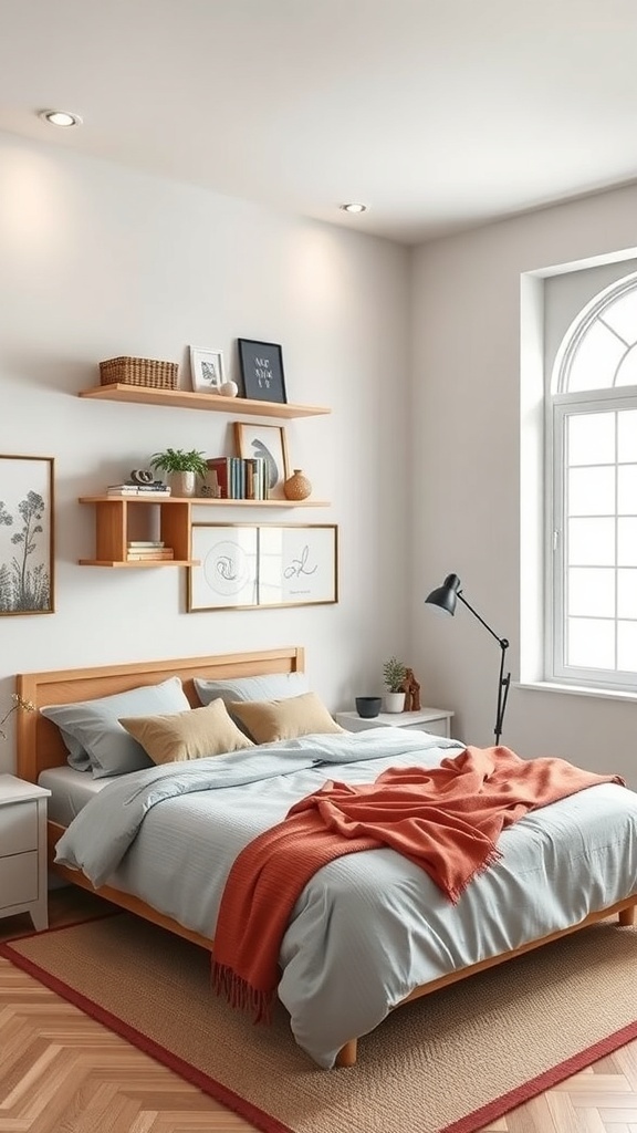 A single bedroom featuring a bed with light blue bedding, a red throw blanket, and wooden shelves on the wall displaying books and decorative items.