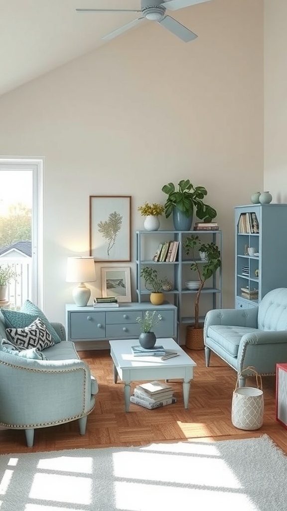 A cozy dorm room featuring vintage light blue furniture, including a chair, bookshelf, and coffee table.