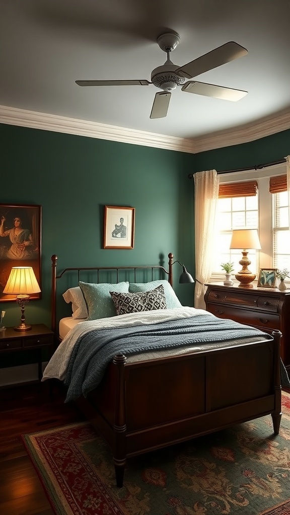 A dark green bedroom featuring vintage decor, including a wooden bed, bedside lamp, and framed artwork.