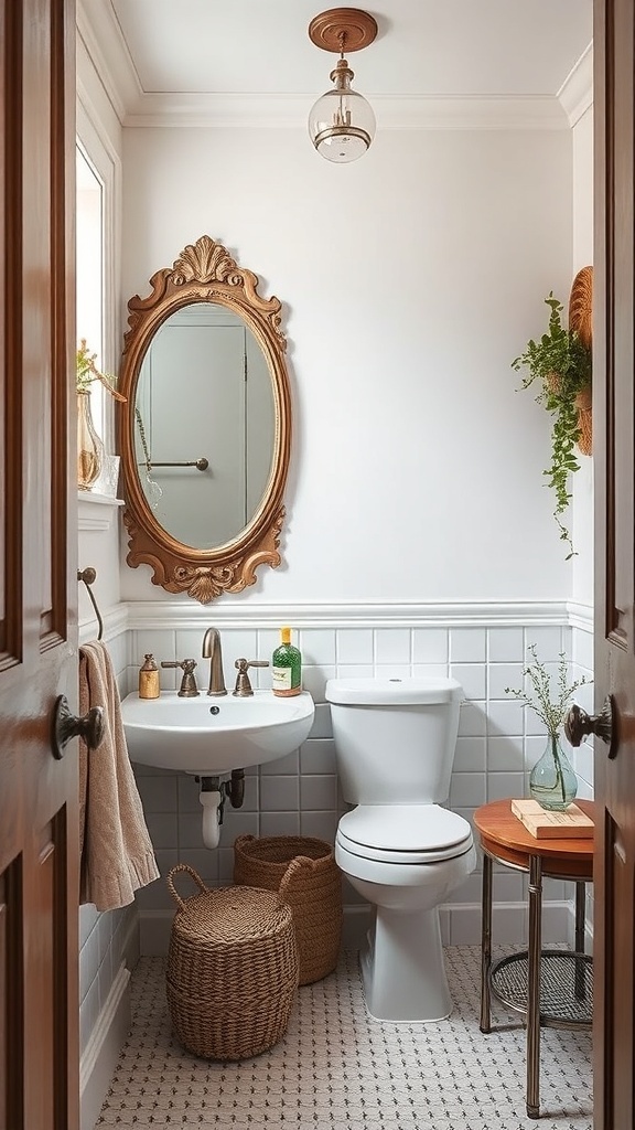 A small half bathroom featuring vintage elements like an ornate mirror, woven baskets, and a simple light fixture.
