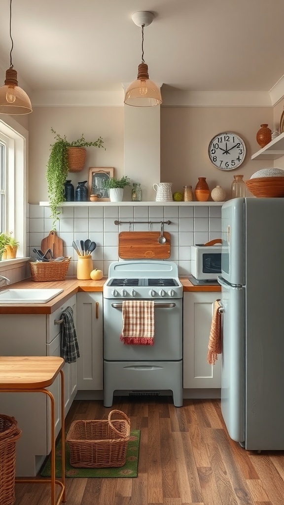 A cozy kitchen featuring a vintage stove, wooden accents, and decorative plants.