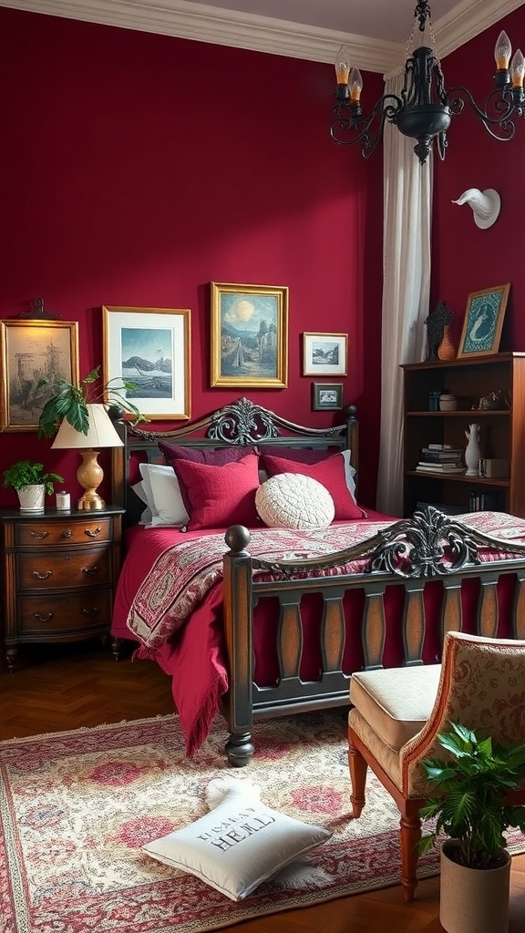A cozy maroon bedroom featuring vintage decor, an ornate bed, and framed artwork.