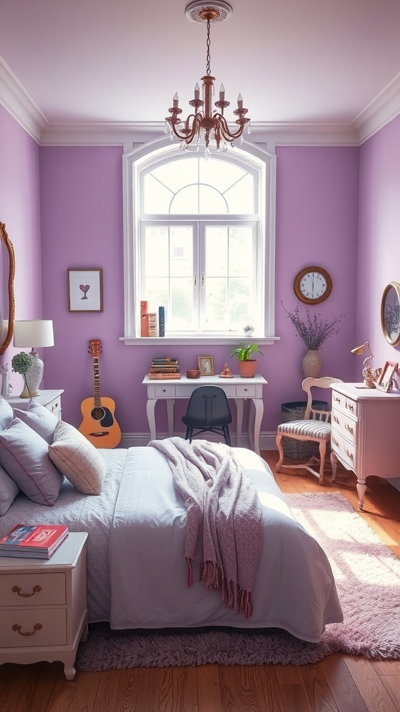 A cozy lilac bedroom featuring vintage elements, including a chandelier, antique furniture, and soft textiles.