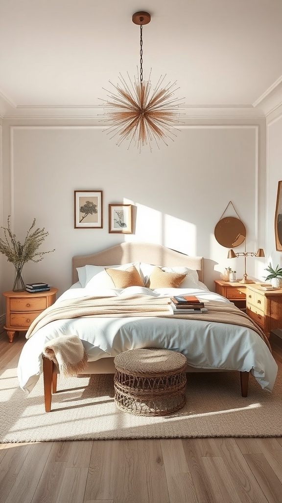 A neutral bedroom featuring a starburst chandelier, wooden furniture, and soft linens.