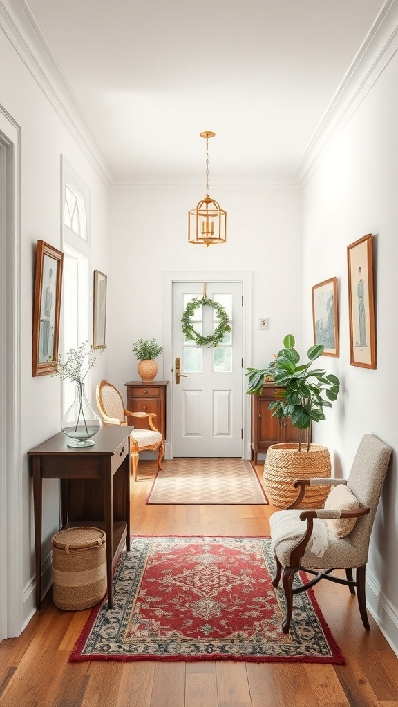 A small entryway featuring vintage elements, including a rug, wooden furniture, and plants.
