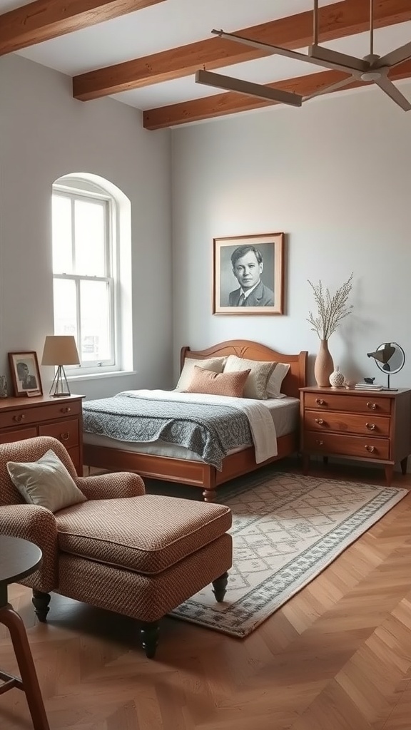 A cozy bedroom featuring vintage elements, including wooden beams, classic furniture, and framed artwork.