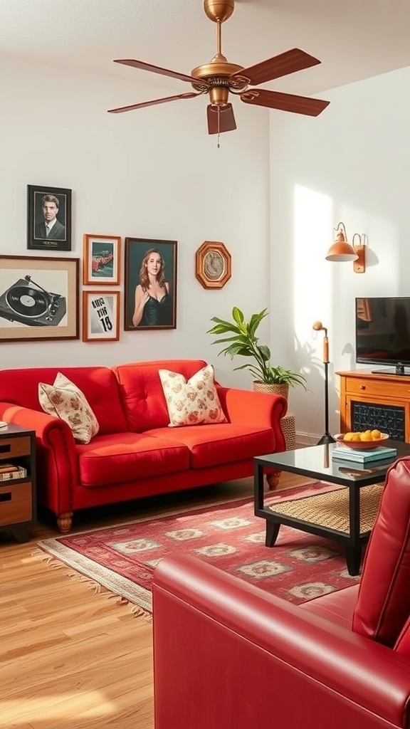 A cozy living room featuring a red couch, vintage artwork, and wooden furniture.