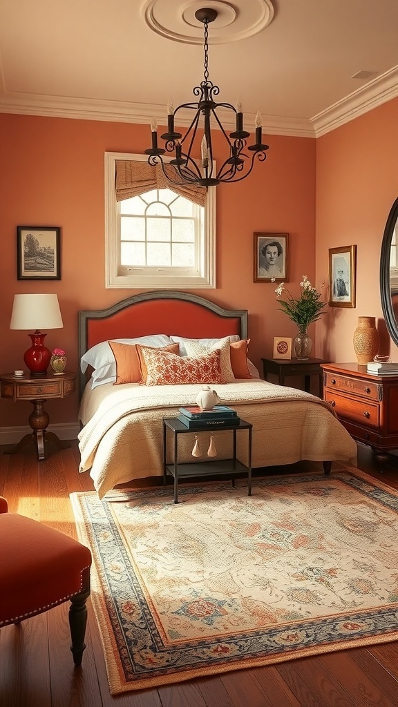 A cozy bedroom featuring burnt orange walls, vintage decor, and warm wooden furniture.
