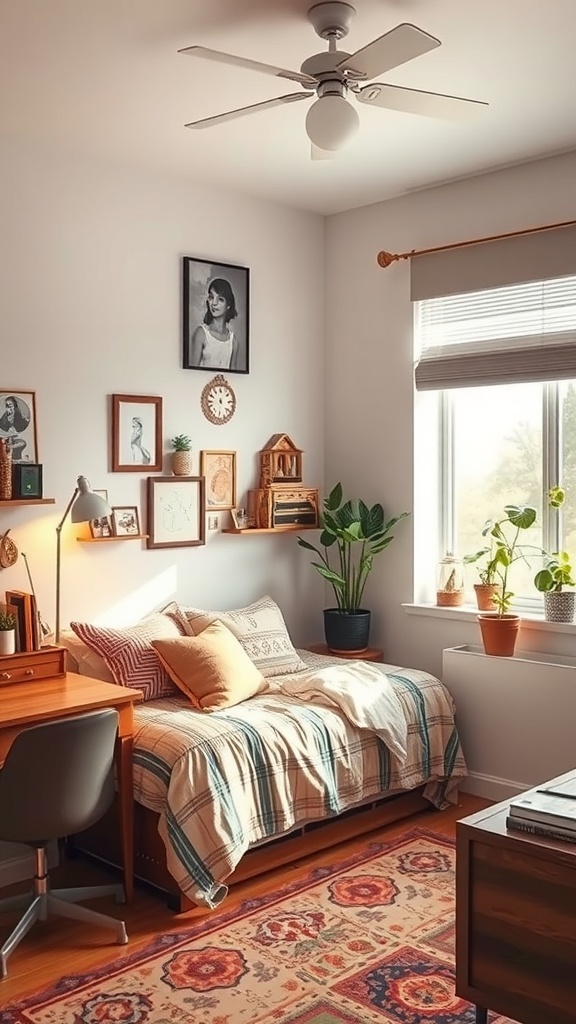Cozy dorm room with vintage decor, a bed with a patterned blanket, a wooden desk, and framed pictures on the wall.