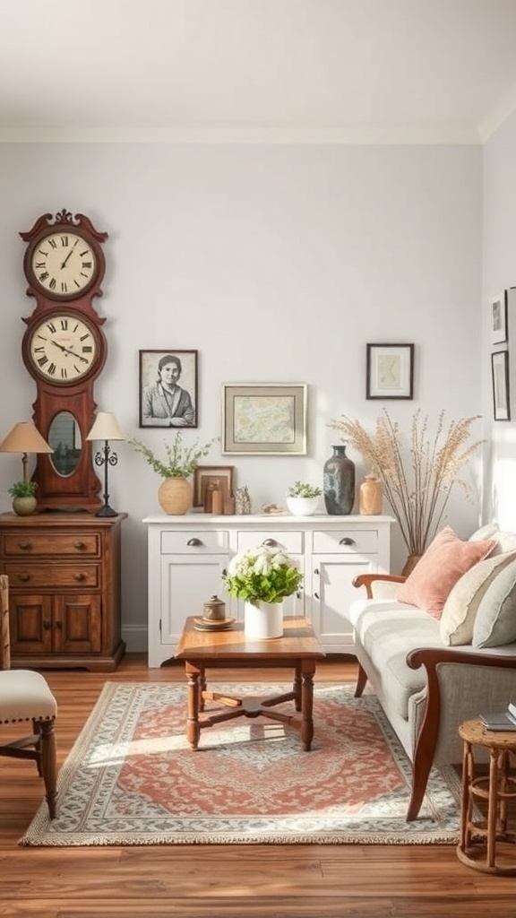 A cozy living room featuring vintage decor, including a large clock, wooden furniture, and framed artwork.