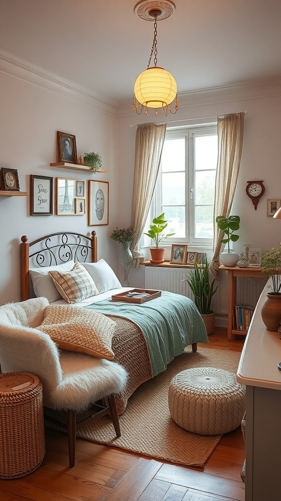 A small cozy bedroom featuring vintage decor, a wooden bed, soft bedding, and plants.