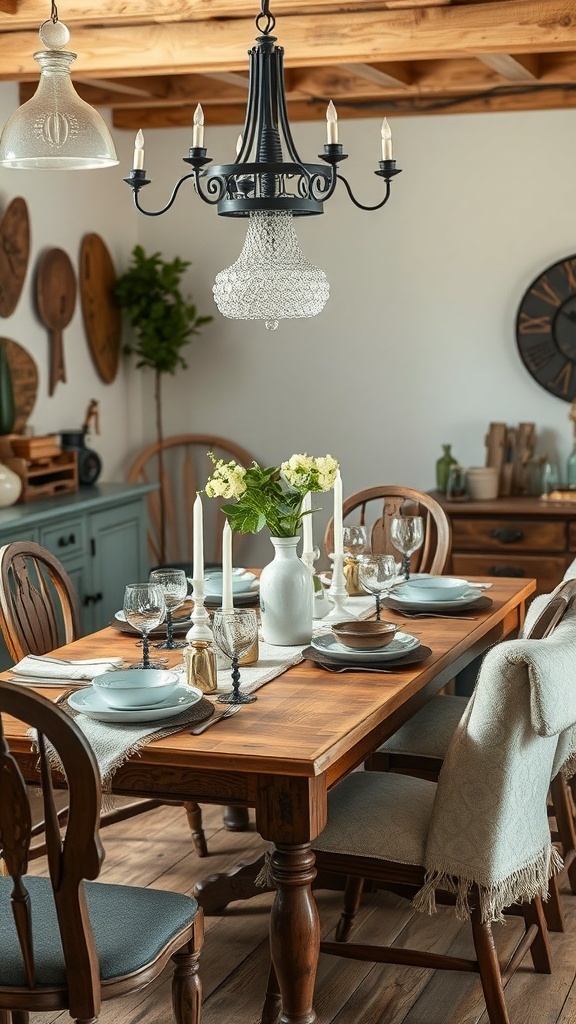 A rustic dining table set with vintage decor, featuring a chandelier, flowers, and elegant tableware.
